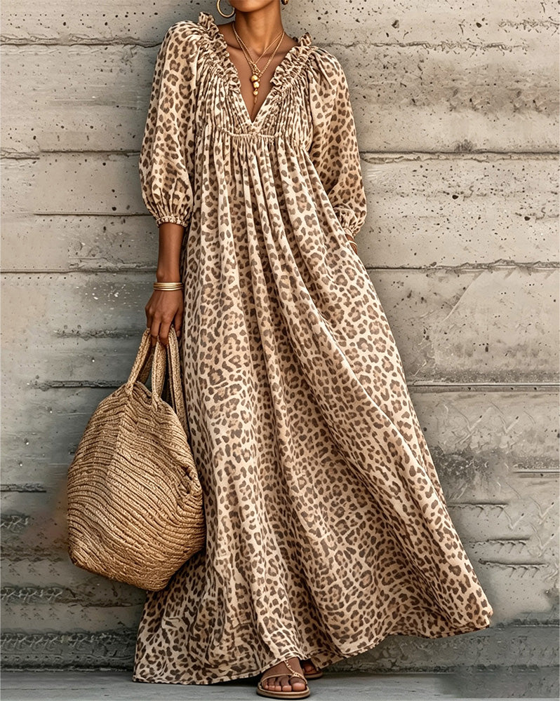 Kleid Leopard Druck V-Ausschnitt Puff Ärmel