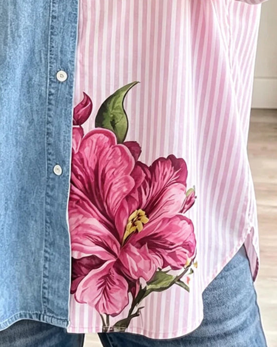 Hemd Blumig Streifen Denim Patchwork