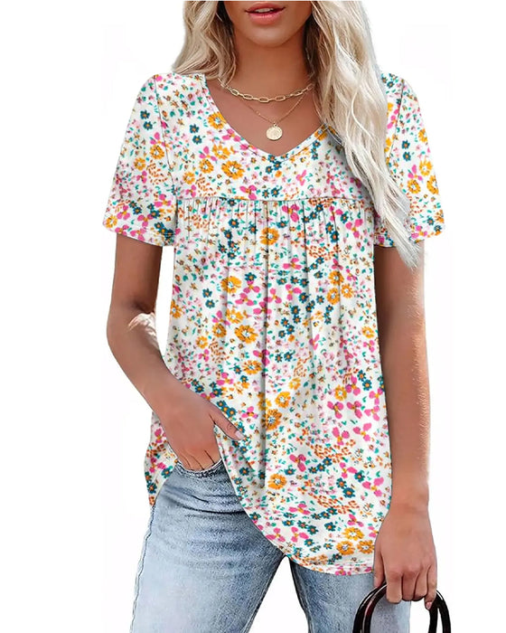 Bluse Blumenmuster V-Ausschnitt Kurzarm