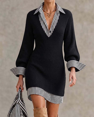 Kleid Revers Streifen Langarm