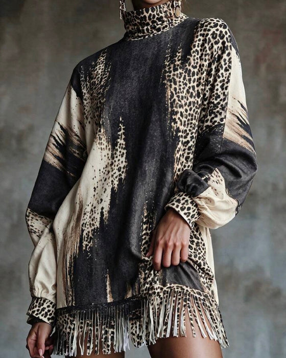 Kleid Rollkragen Leopard Farbblock