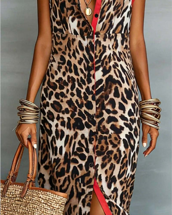 Kleid Revers Leopard Druck Kontrast Maxi