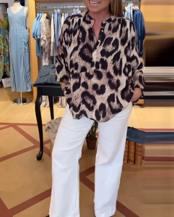 Bluse Lockeres Leopardenmuster Halbe Knopfleiste