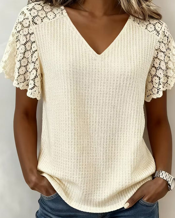 T-Shirt V-Ausschnitt Waffel Spitze Patchwork Uni