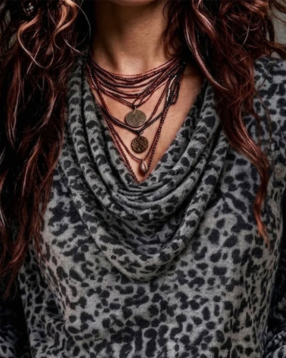 Bluse Mock-Kragen Leopard Langarm