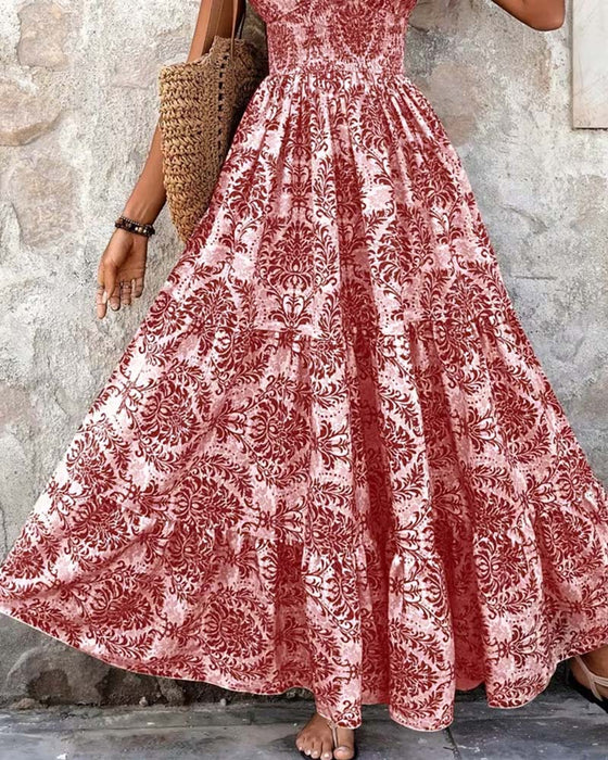 Kleid Retro Print V-Ausschnitt Tailliert Lang