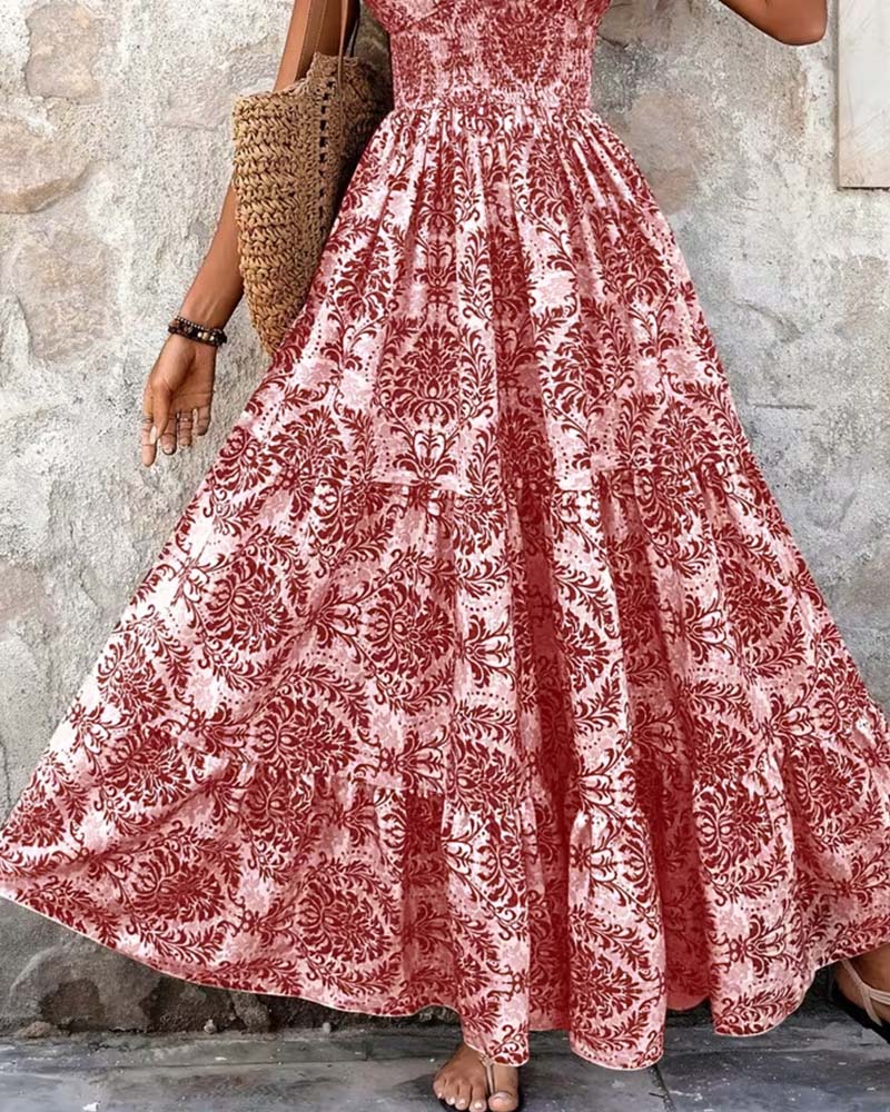 Kleid Retro Print V-Ausschnitt Tailliert Lang