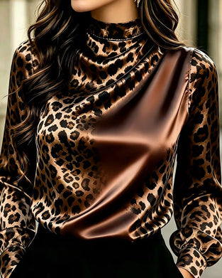 Bluse Mock Neck Leopard Kontrast Drapierung