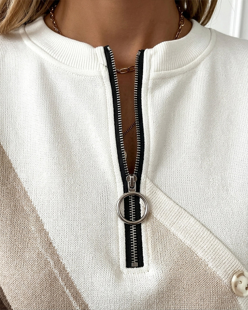 Sweatshirt Farbblock Twill Knopf Halb-Reißverschluss