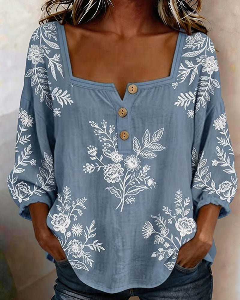 Bluse Quadratischer Ausschnitt Druck Locker