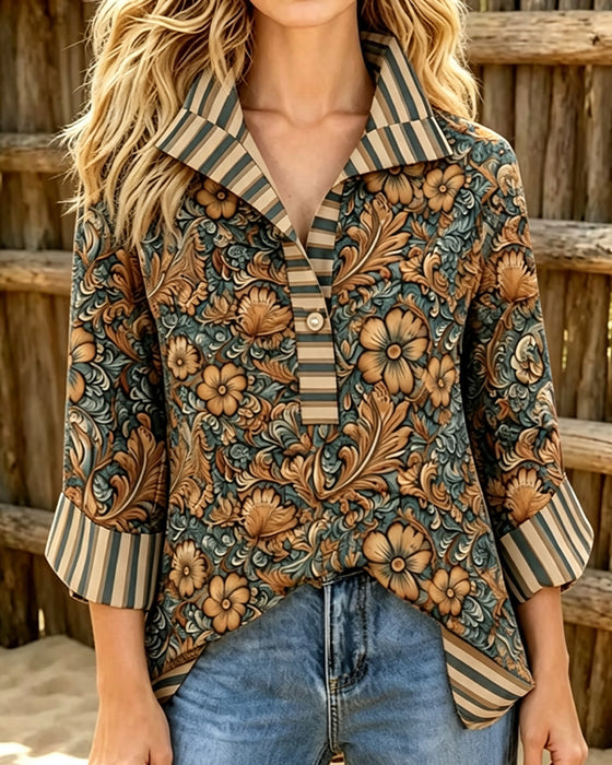 Bluse Revers Lässig Blumen Knopf