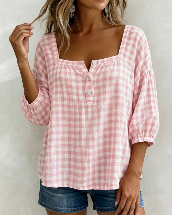 Bluse Quadratischer Ausschnitt Knopfleiste Karo