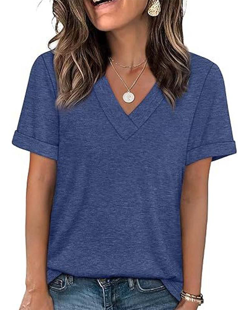 T-Shirt Einfarbig V-Ausschnitt Lässig Kurzarm