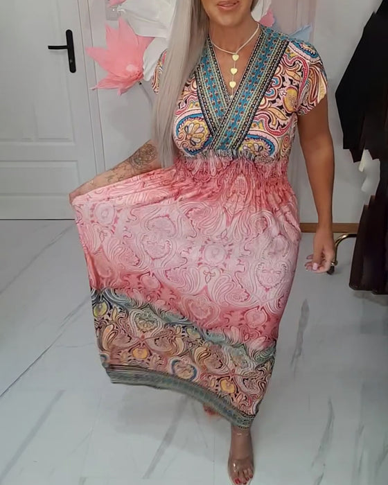 Kleid Bohemian V-Ausschnitt Tailliert Urlaub