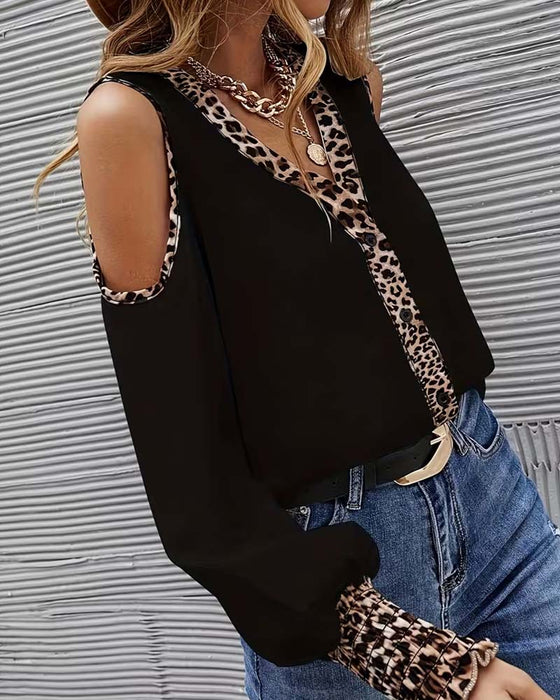 Bluse Off-Shoulder Leopard Patchwork Langarm