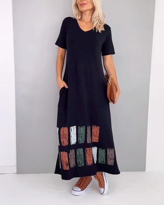 Kleid V-Ausschnitt Bedruckt Schlitz Lässig Kurzarm