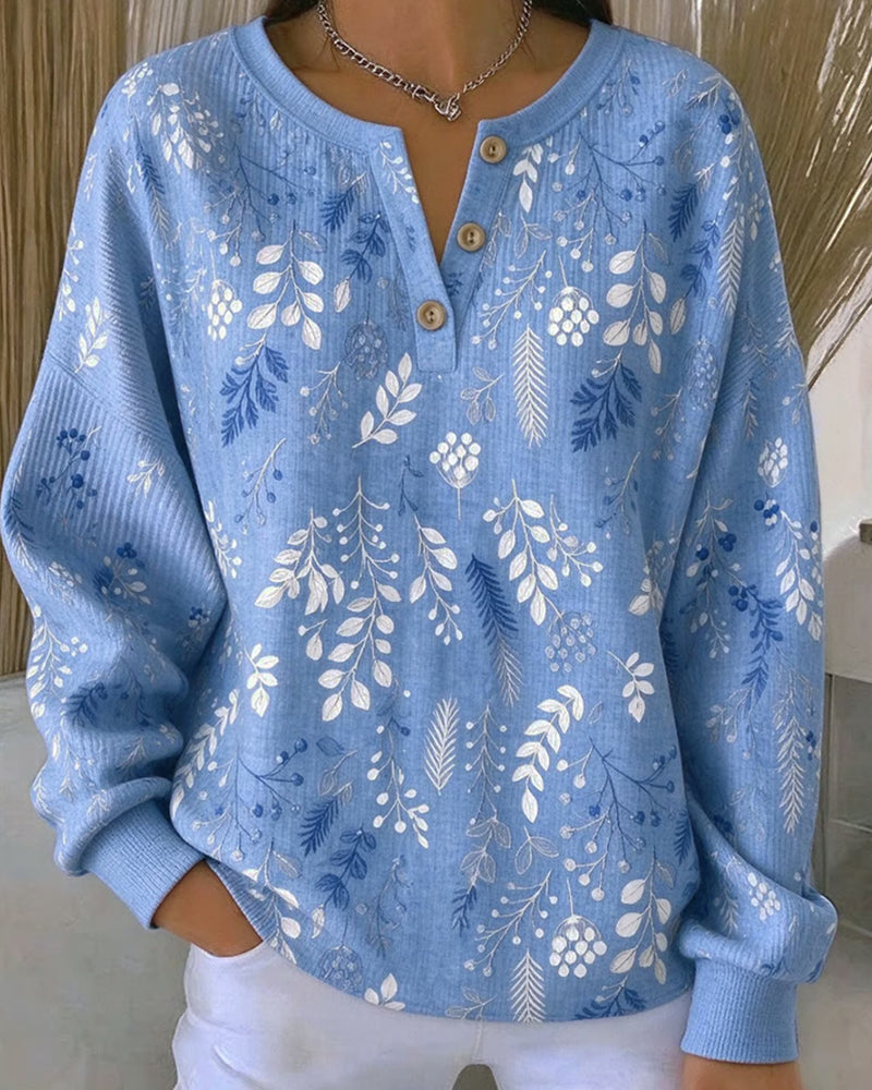 Sweatshirt Waffel Henry Kragen Blumenprint