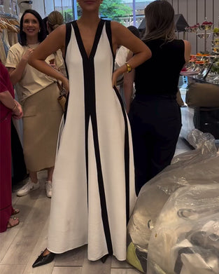 Kleid V-Ausschnitt Ärmellos Farbblock Locker