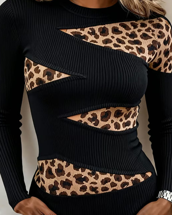 T-Shirt Rundhals Leopard Patchwork