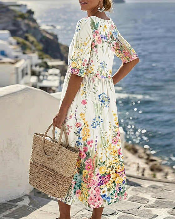 Kleid Rund Hals Aquarell Blumen