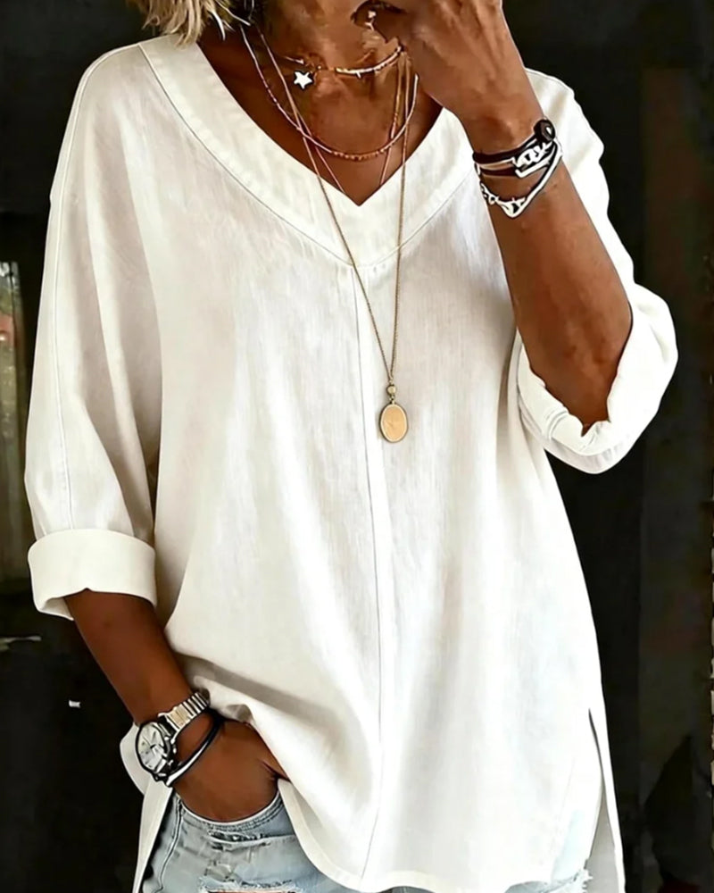 Top V-Ausschnitt Sieben-Ärmel Geteilt Baumwolle Leinen