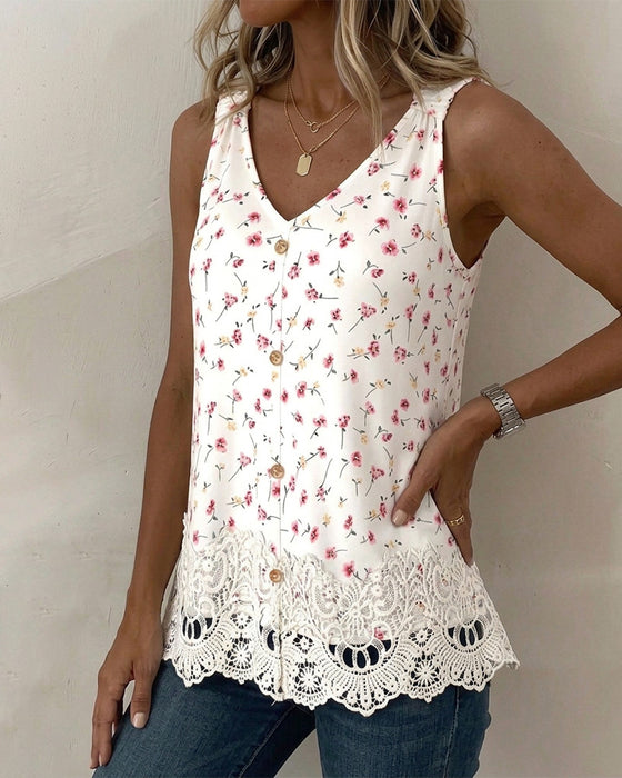 Tank Top V-Ausschnitt Spaghettiträger Blumig Spitze Patchwork