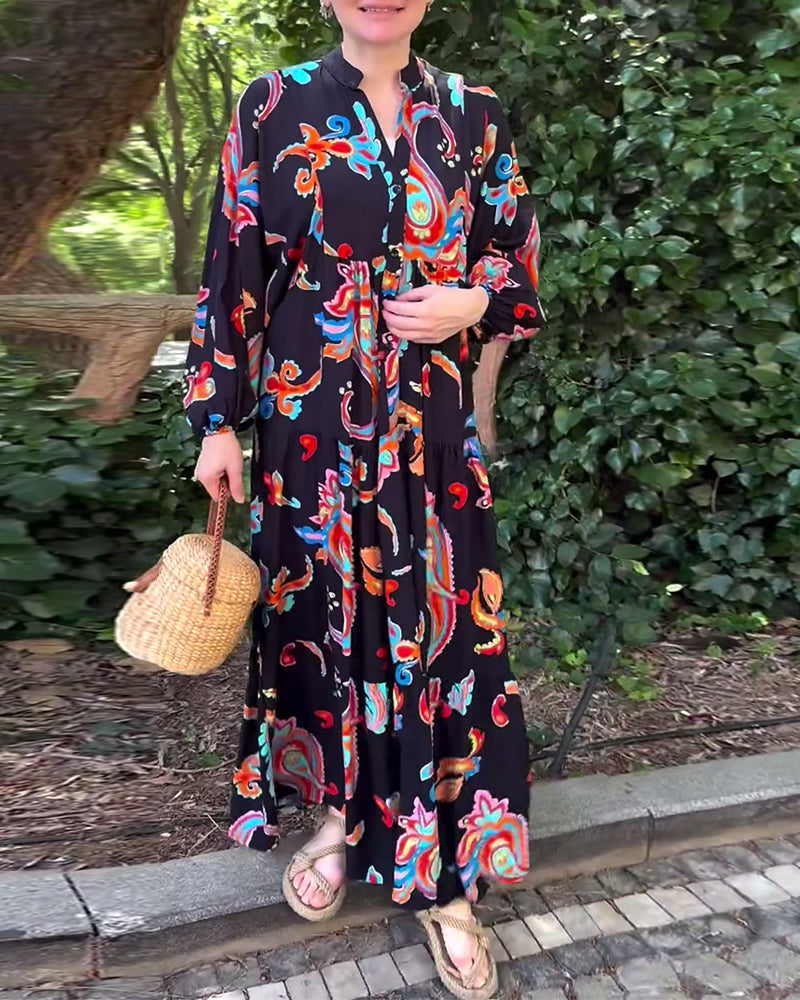 Patchworkkleid mit vintage-print und langen ärmeln