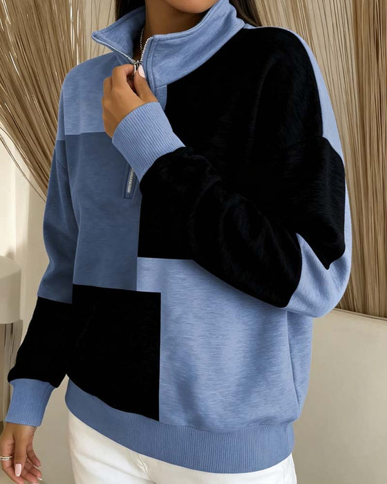 Sweatshirt Karo Farbblock Reißverschluss Stehkragen