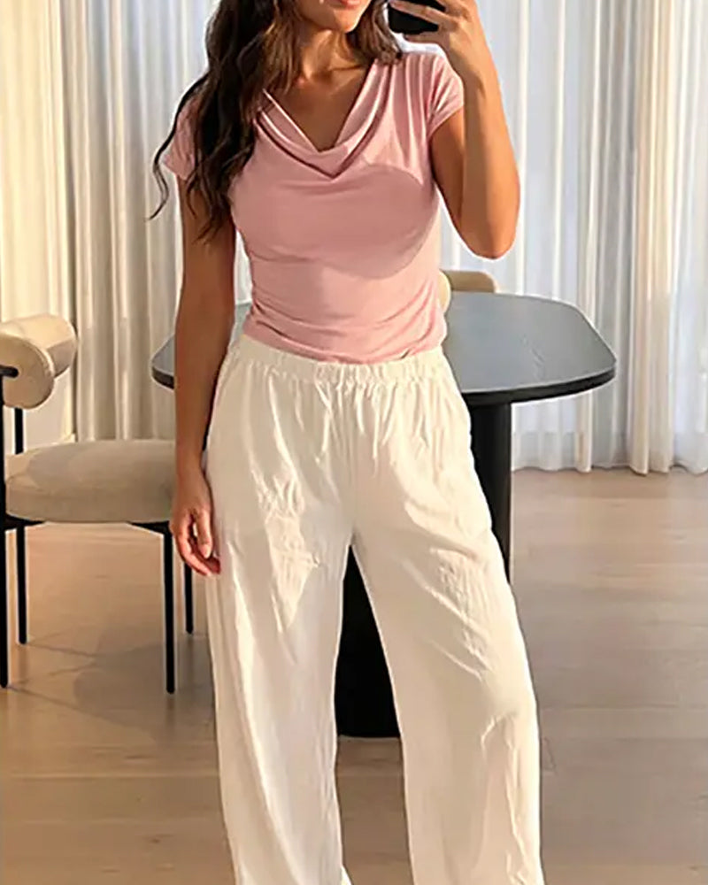 T-Shirt Drapierter Cowl-Neck Kurzarm