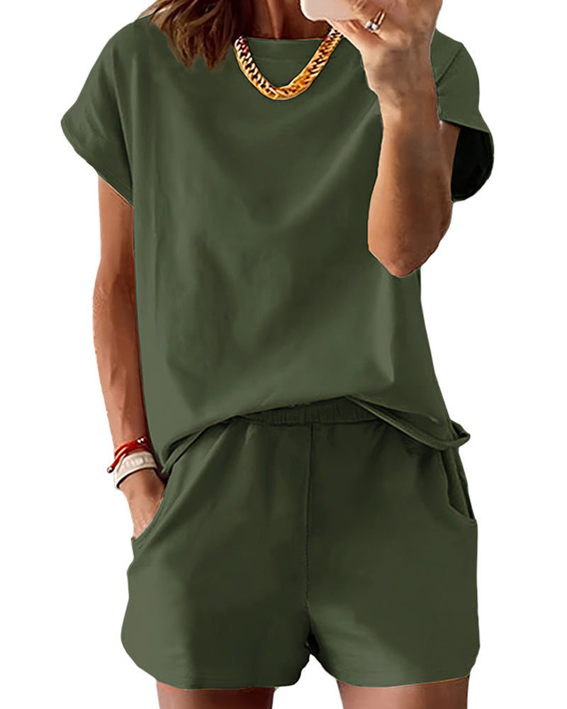 Set Rundhalsausschnitt Einfarbig Tasche Kurzarm Shorts