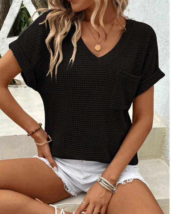 T-Shirt Damen Waffelstrick V-Ausschnitt Lässig Sommer