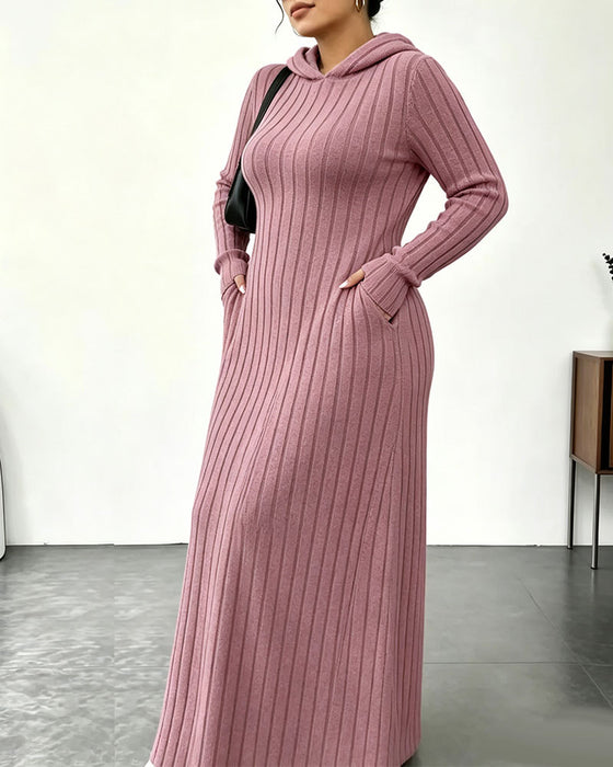 Kleid Kapuze Tasche Rippstrick Eng Anliegend