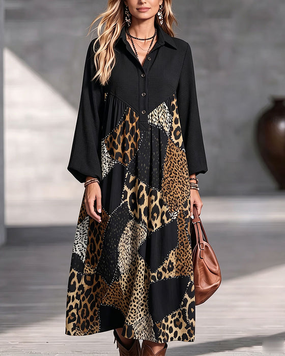 Kleid Leopard Farbblock Revers Langarm
