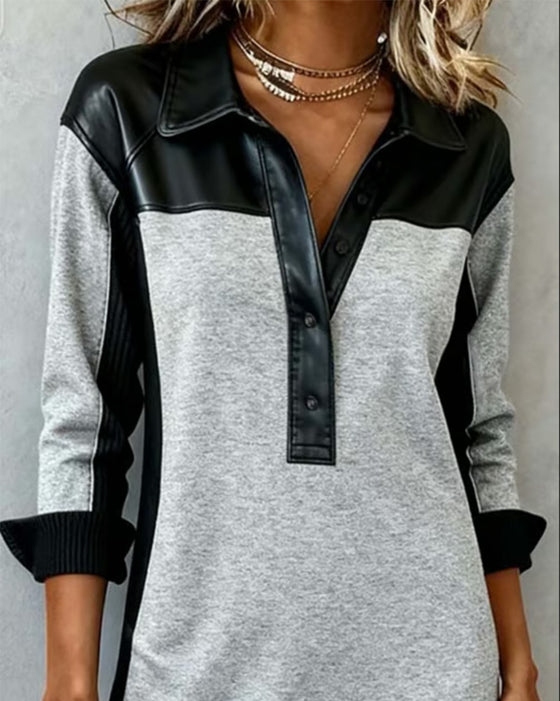 Langärmliges Kleid mit Patchwork-Details und Kragen