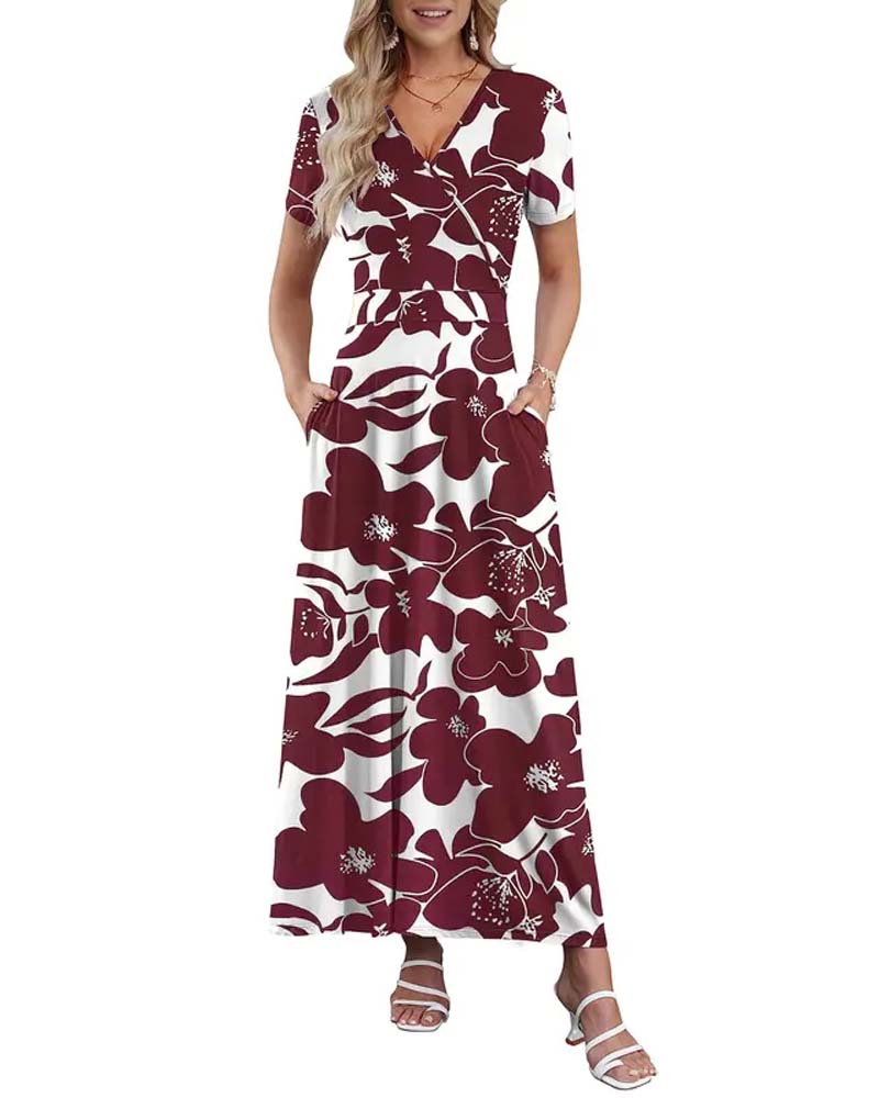 V-Ausschnitt Bedrucktes Kurzarmkleid