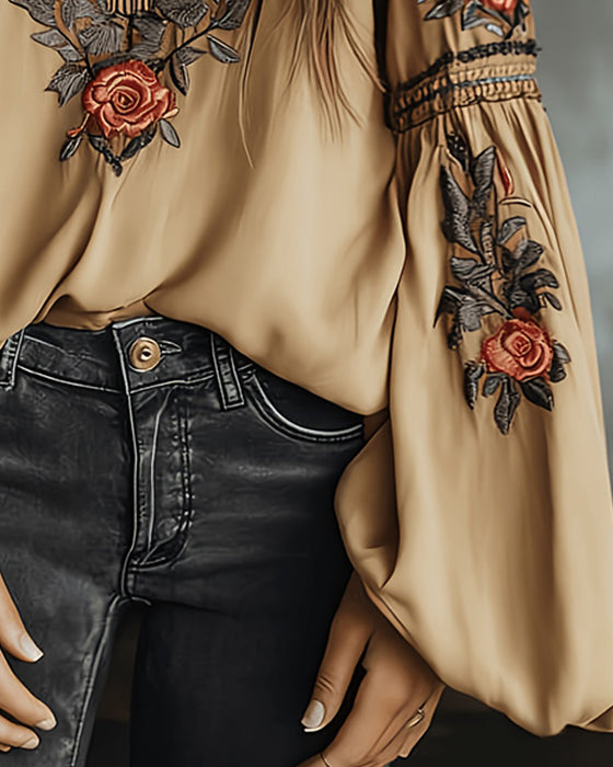 Bluse Rosenprint V-Ausschnitt Bohemisch