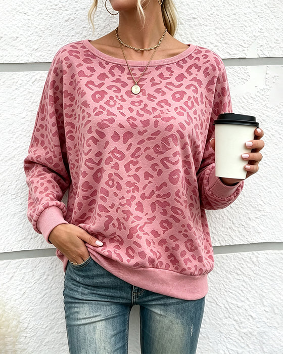Pullover Sweatshirt Leopard Rundhalsausschnitt Drop Schulter