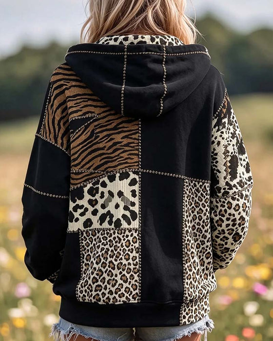 Hoodie Leopardenmuster Patchwork Lässig
