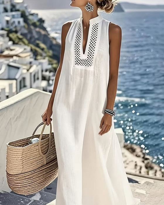 Kleid V-Ausschnitt Ärmellos Hollow Out Mesh