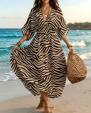 Kleid Zebra Print Taille V-Ausschnitt Weiter Rock