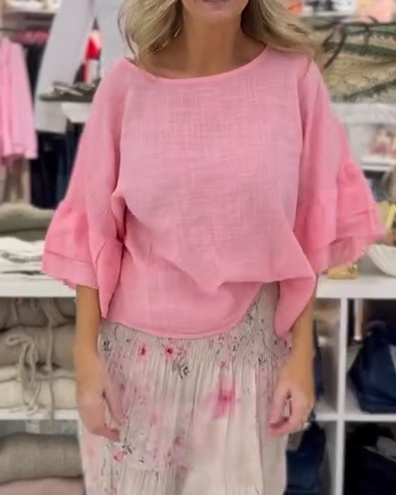 Bluse Loose Fit Rundhalsausschnitt Rüschenärmel