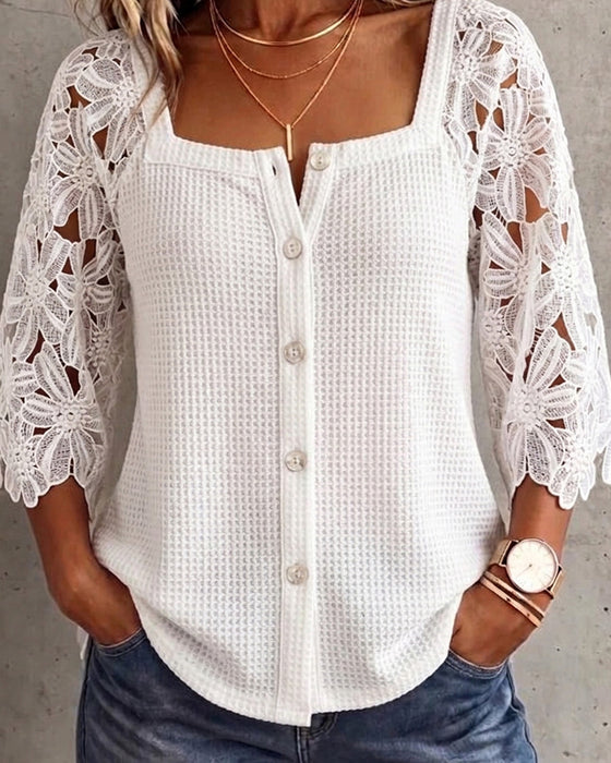 Bluse Spitze Panel Waffelgestrickt Knopf-Vorne