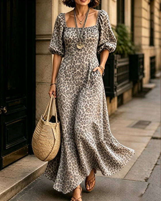 Kleid Quadratischer Ausschnitt Leopard Mode
