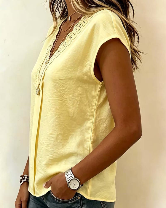 Bluse V-Ausschnitt Spitze Patchwork Lässig