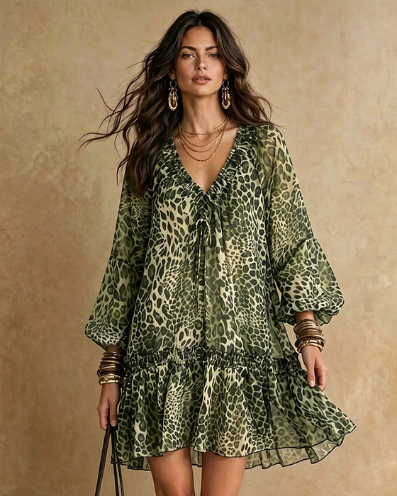 Kleid V-Ausschnitt Leopardenmuster Puffärmel Rüsche