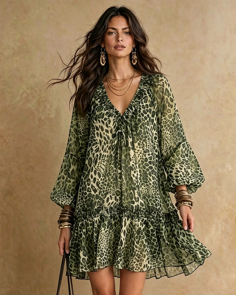 Kleid V-Ausschnitt Leopardenmuster Puffärmel Rüsche