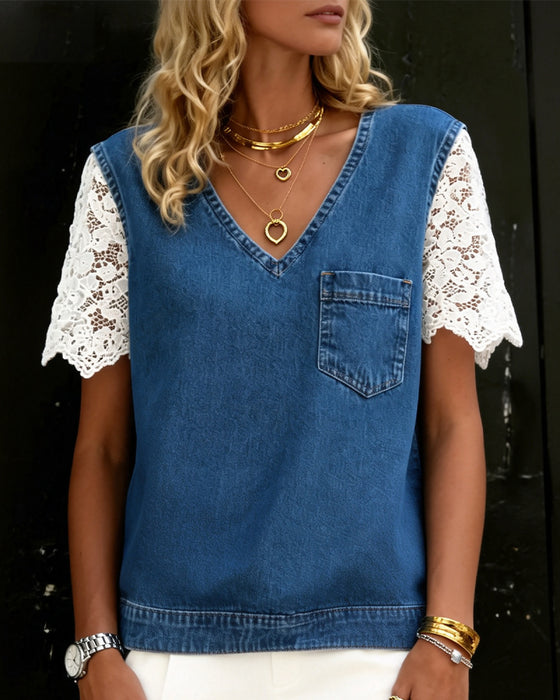 Top Denim Spitze Patchwork V-Ausschnitt