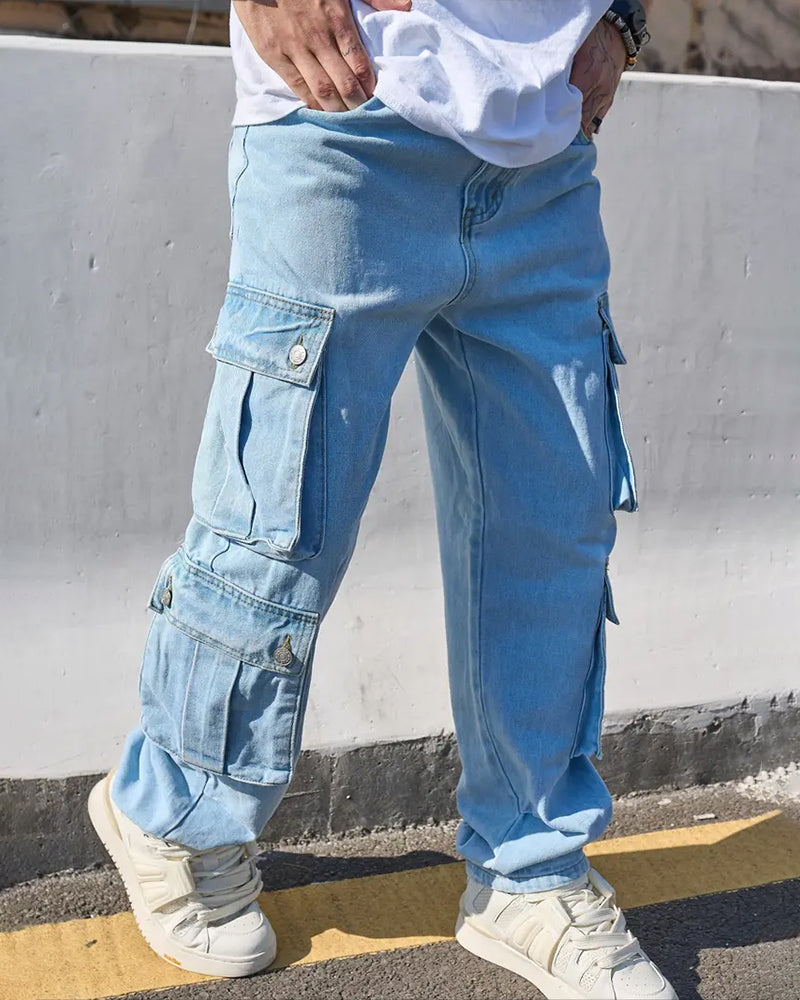 Jeans Herren Locker Solid Klappe Tasche Cargo Denim