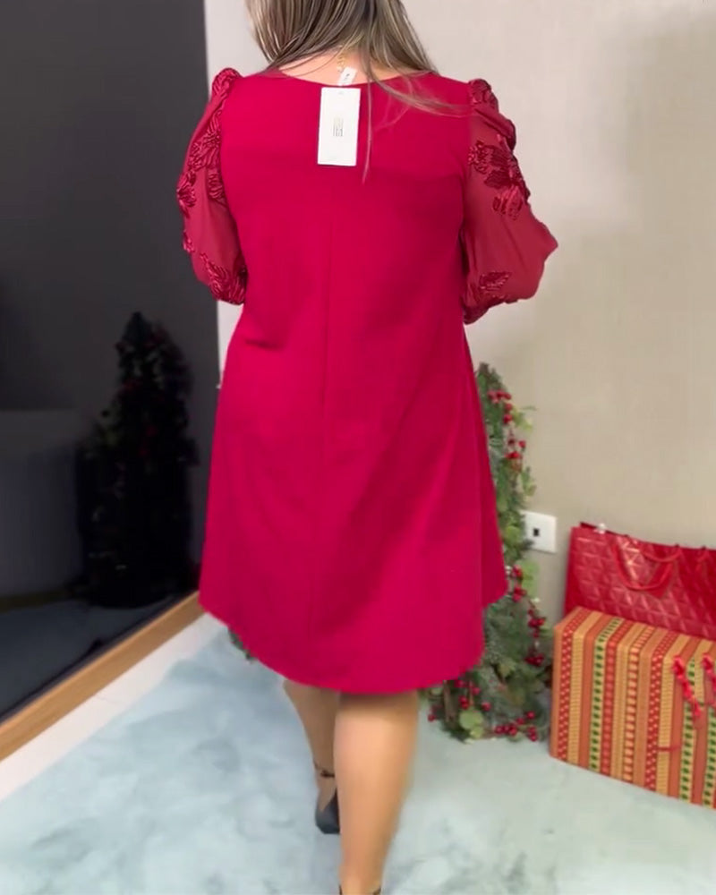 Kleid Puffärmel Tüll Eingesetzt V-Ausschnitt Lockere Passform