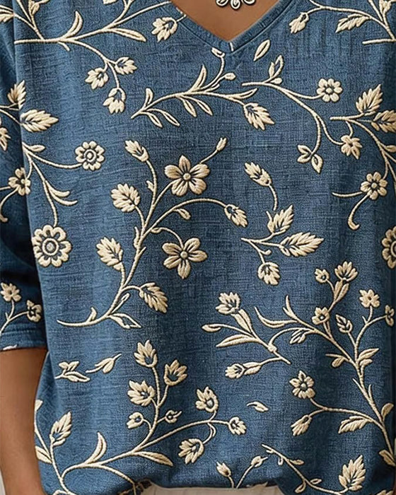 Bluse V-Ausschnitt Halbarm Blumig